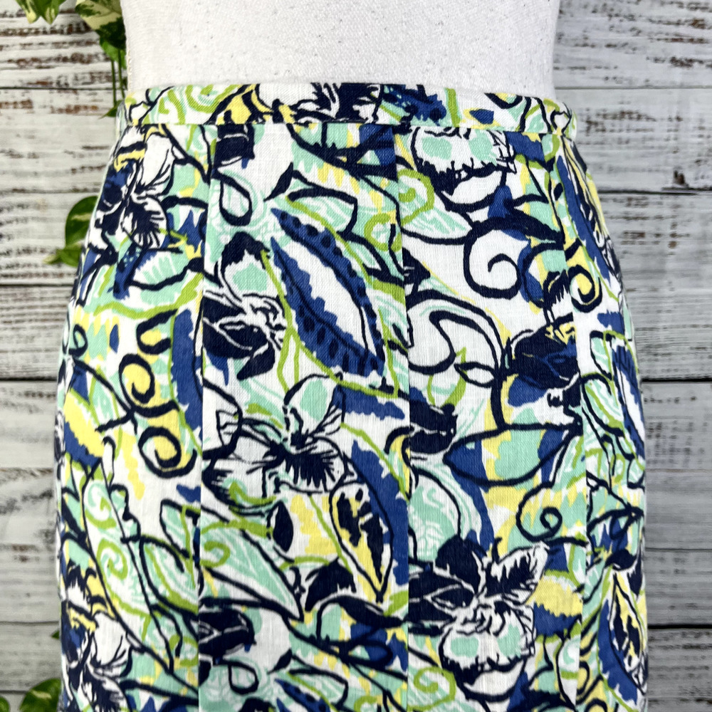 JM Collection Skirt 16 Petite Blue Green Yellow Floral Linen Calf Midi Hawaii - Picture 7 of 13